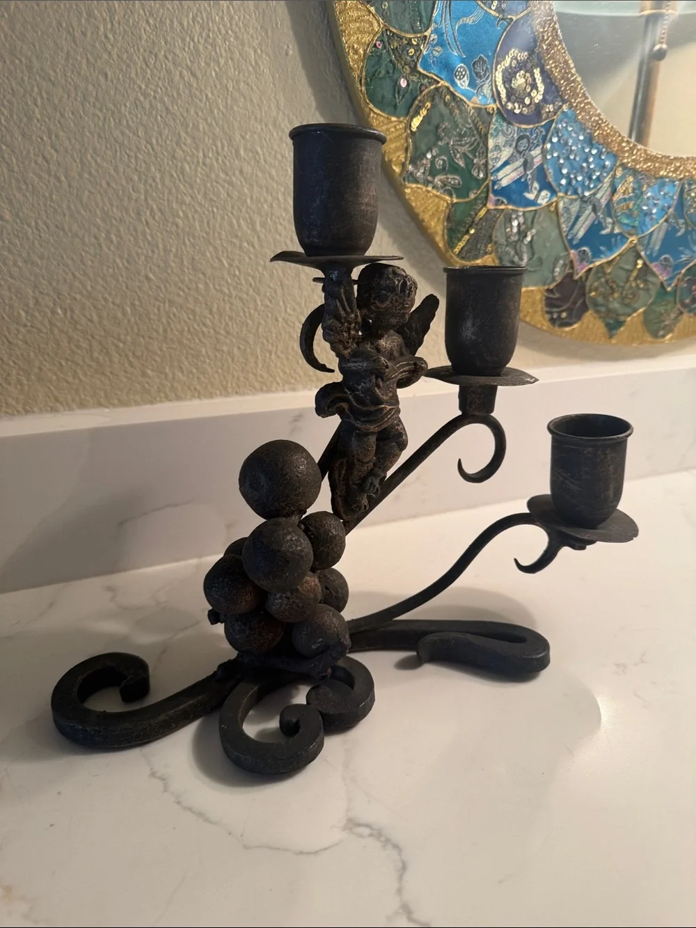 Vintage Wrought Iron Cherub Grapes Metal 3-Arm Candelabra